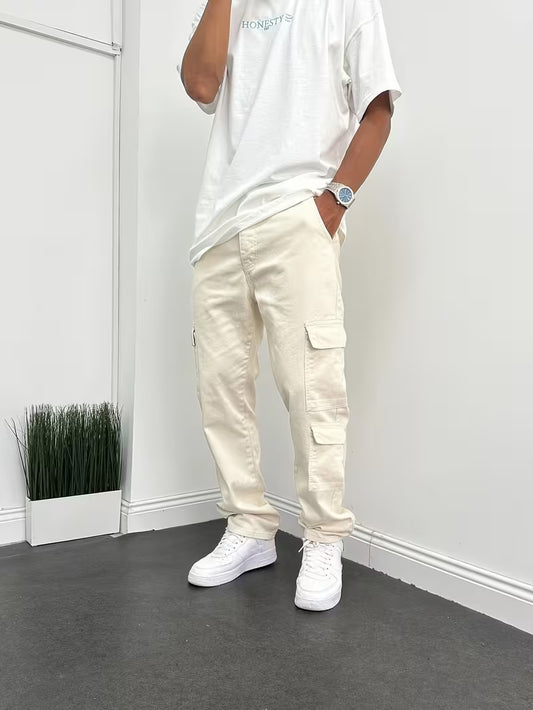 Herren Loose Fit Jeans – Beige & Mehrere Taschen | Allseason Casual Denim